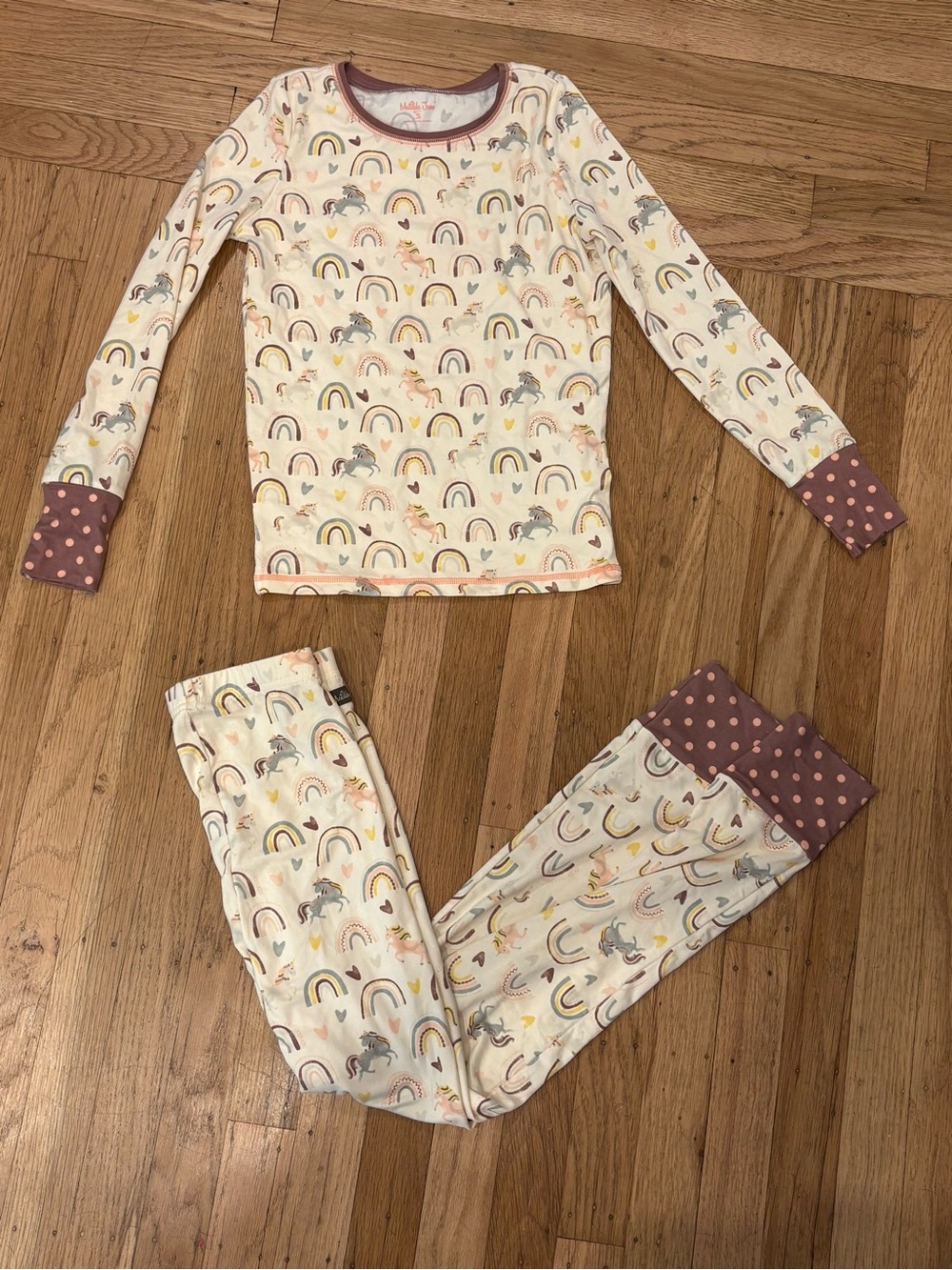 Matilda Jane Cream Rainbow & Unicorn Pajama Set with Mauve Polka-Dot Cuffs